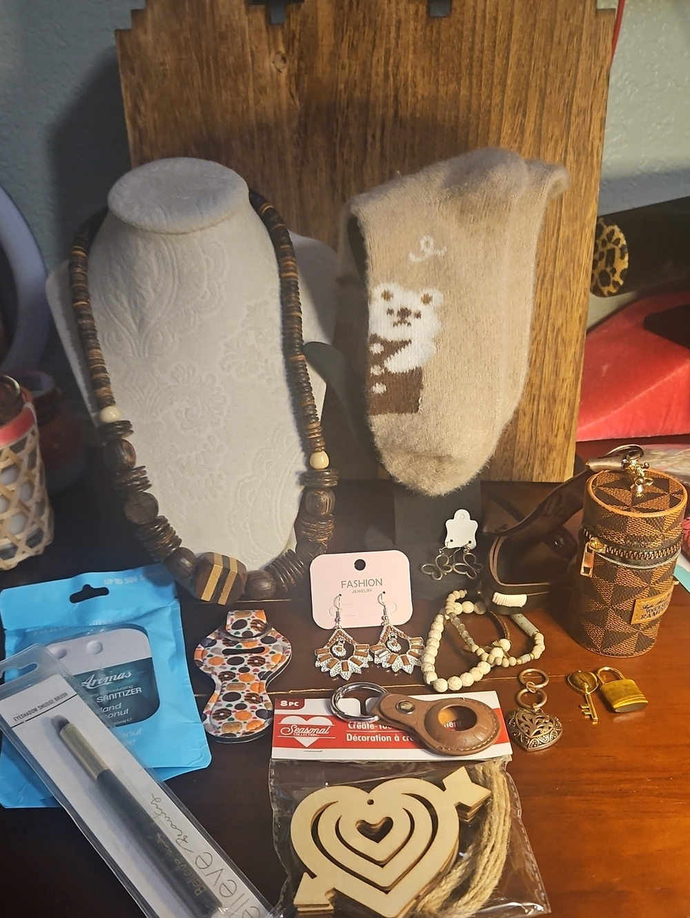 Wooden Heart Necklace Display with Brown Bead Accents